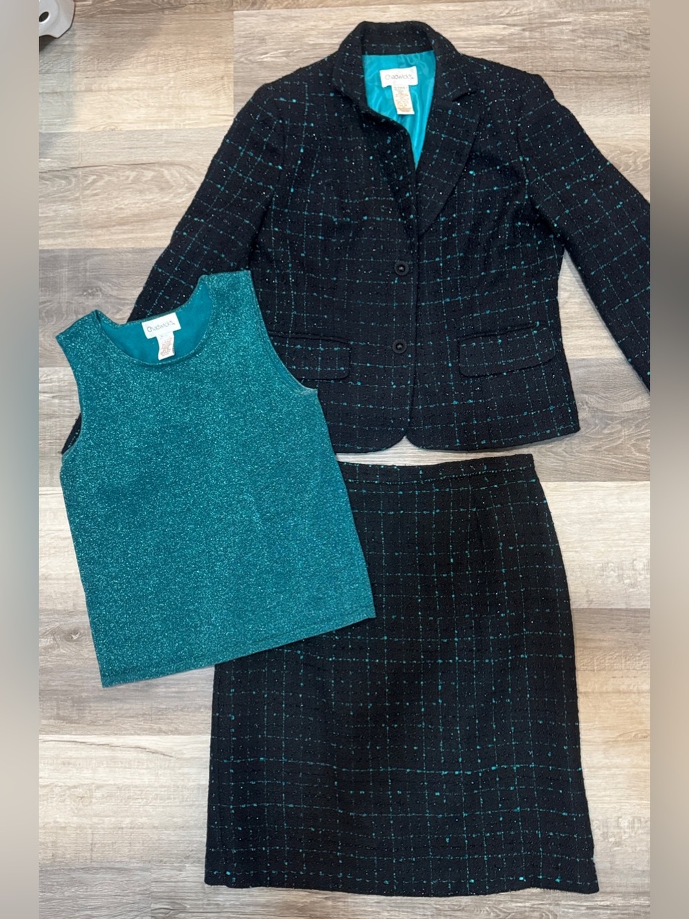 Vintage 90’sChadwick's Peacock Teal Sparkle Women's Skirt Suit w/ Matching Tank
